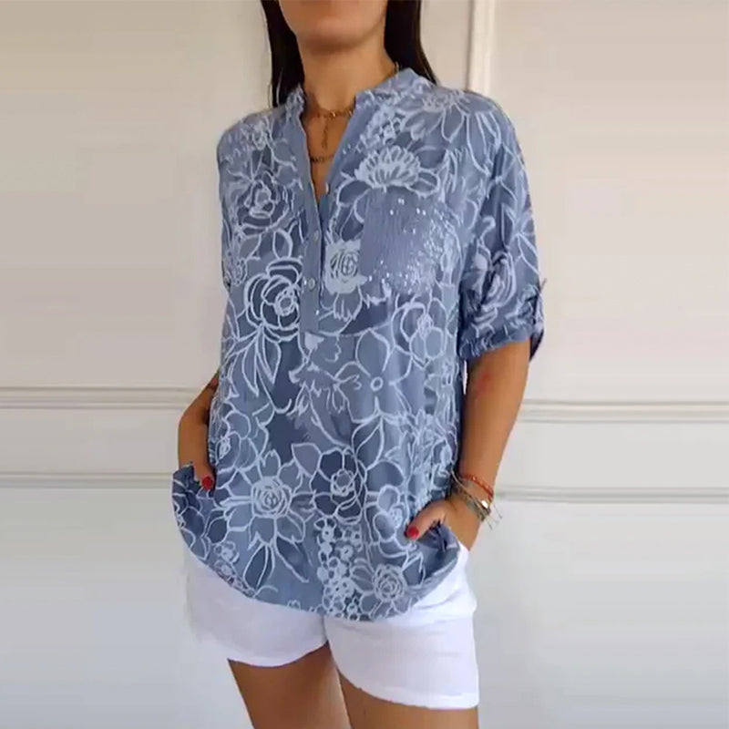 Clémence - Blouse Imprimée à Col V Boutonnée
