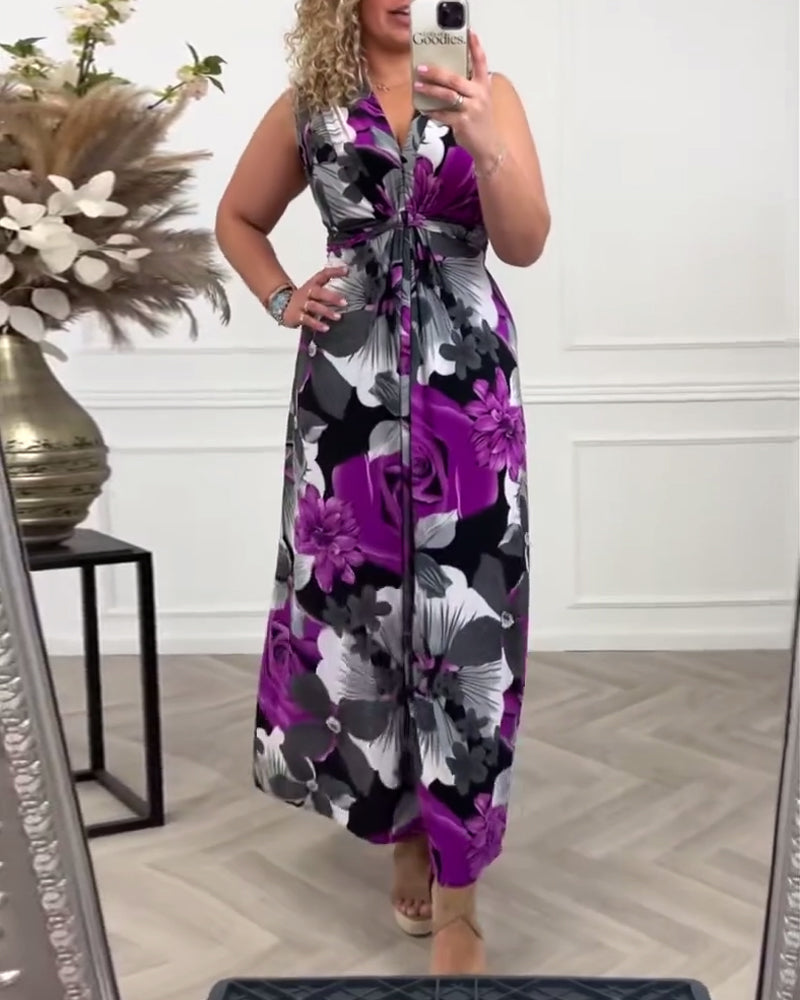 Robe élégante plissée sans manches à imprimé floral