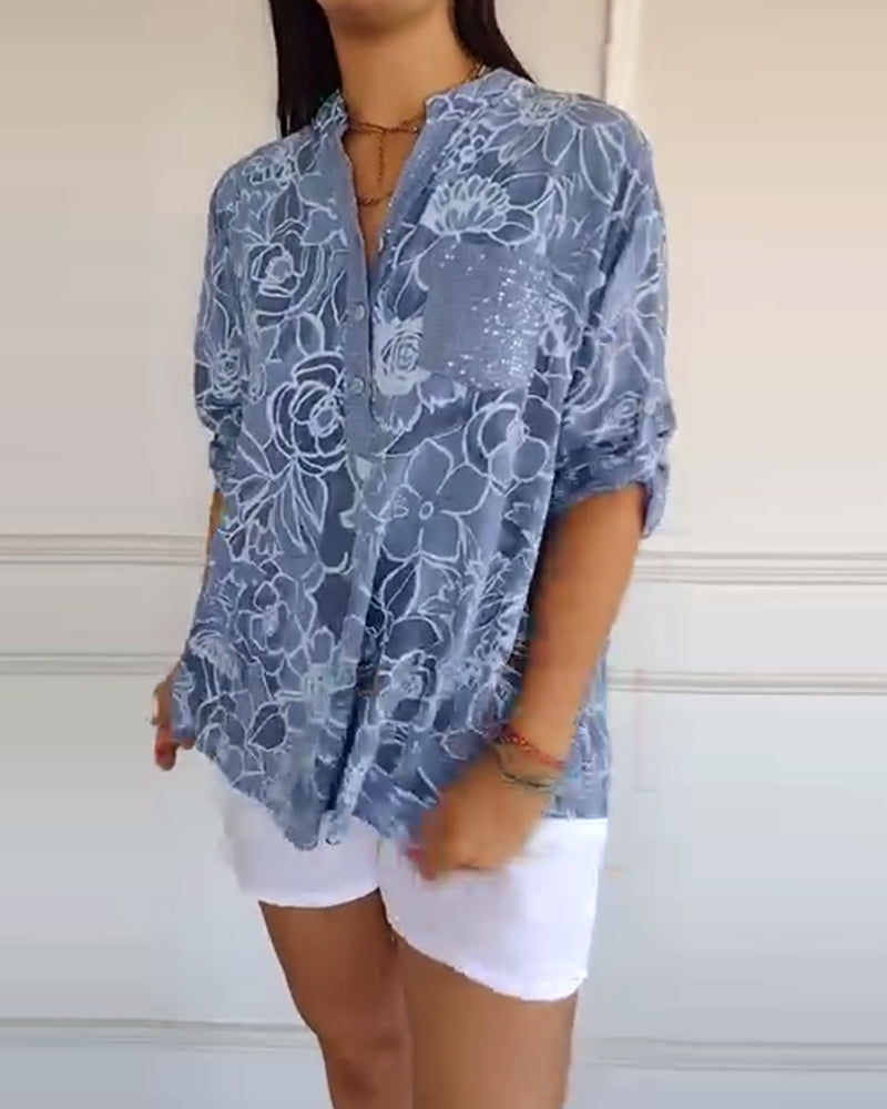 Clémence - Blouse Imprimée à Col V Boutonnée