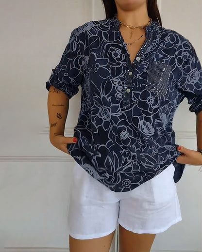 Clémence - Blouse Imprimée à Col V Boutonnée