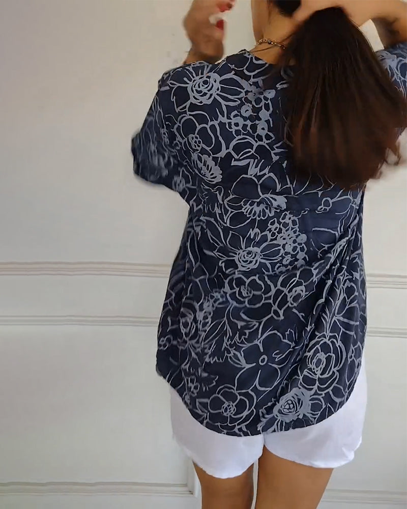 Clémence - Blouse Imprimée à Col V Boutonnée