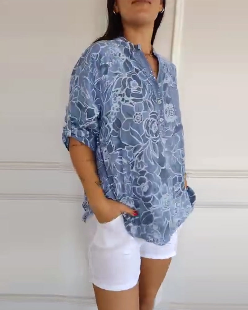 Clémence - Blouse Imprimée à Col V Boutonnée