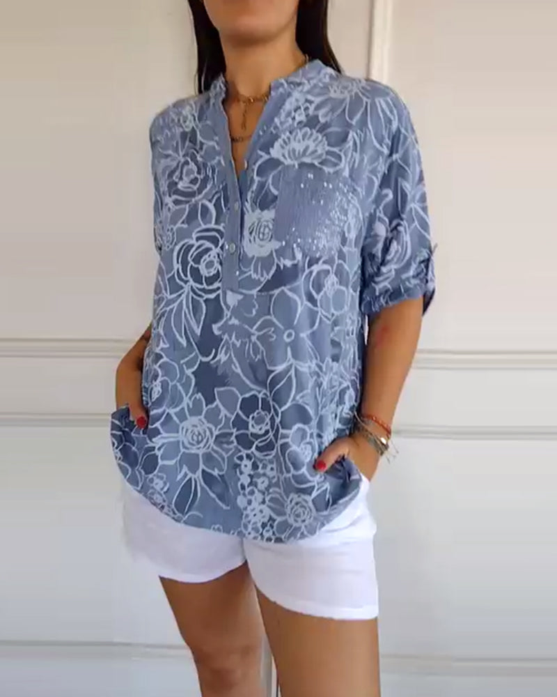 Clémence - Blouse Imprimée à Col V Boutonnée